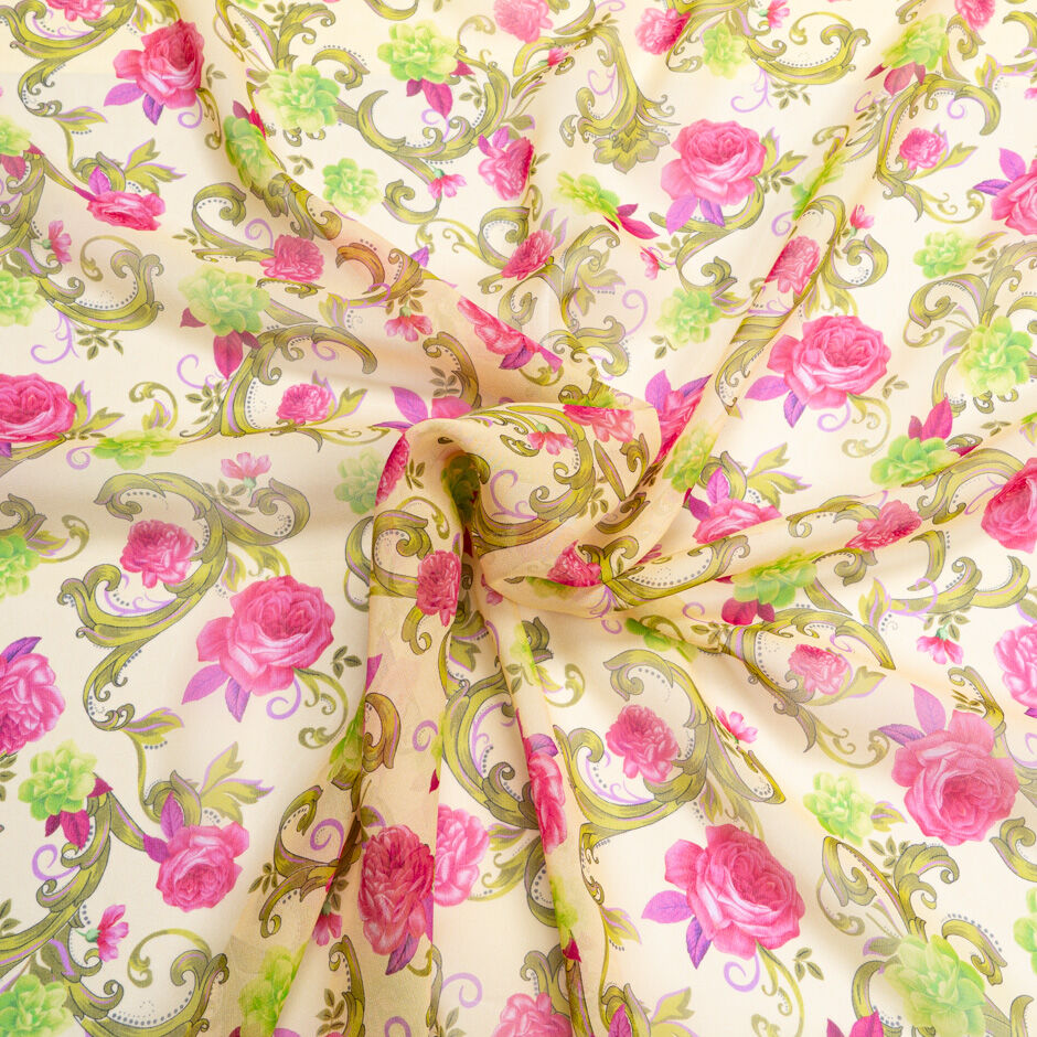Lime & Pink Rose Floral Printed Yellow Silk Georgette