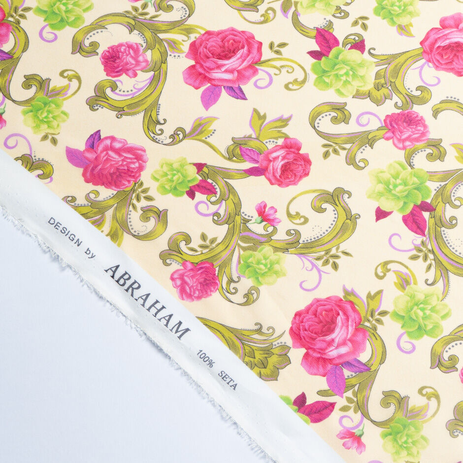 Lime & Pink Rose Floral Printed Yellow Silk Georgette