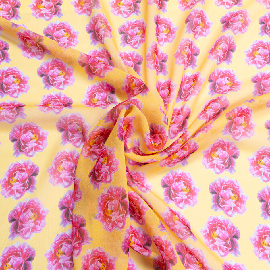 Pink Geometric Floral Printed Yellow Silk Georgette