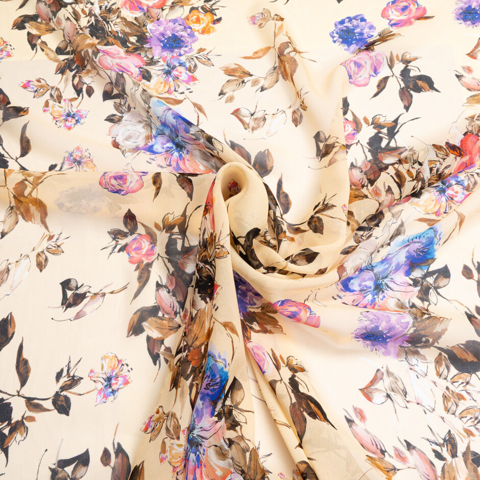 Pink & Purple Floral Printed Pale Peach Silk Georgette