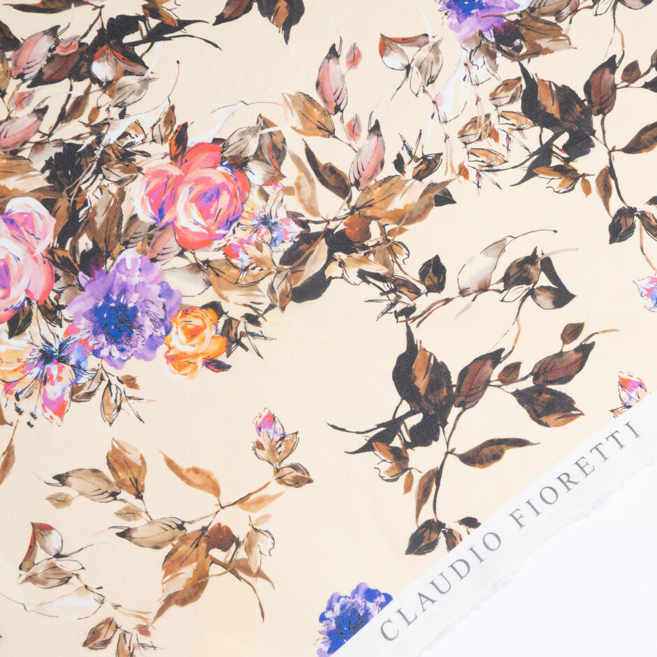 Pink & Purple Floral Printed Pale Peach Silk Georgette