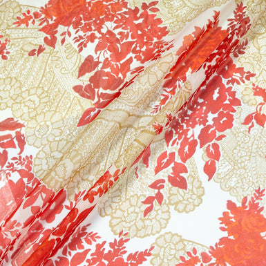Bright Red & Beige Floral Printed Silk Georgette