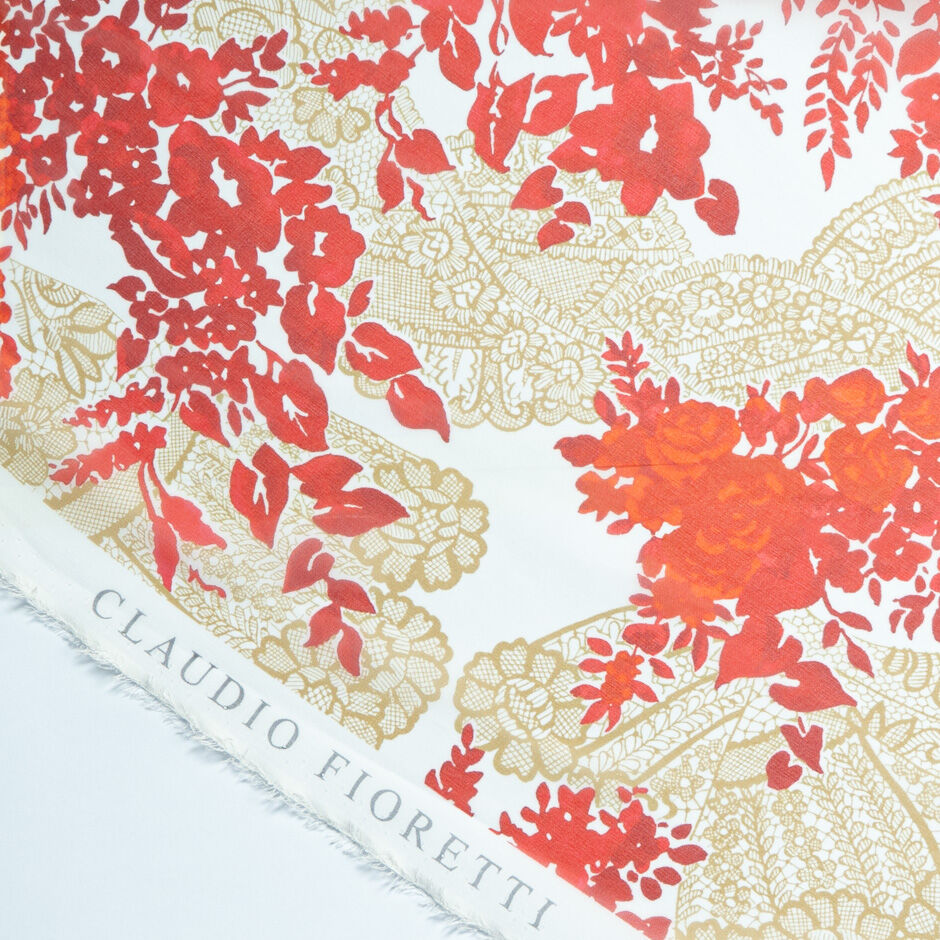 Bright Red & Beige Floral Printed Silk Georgette