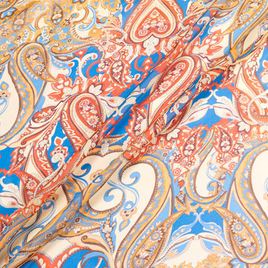 Blue, Red & Beige Paisley Printed Silk Georgette