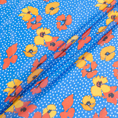 Yellow & Red Floral Printed Spotted Blue Silk Georgette