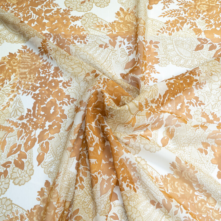 Light Brown Floral Printed Ivory Silk Georgette