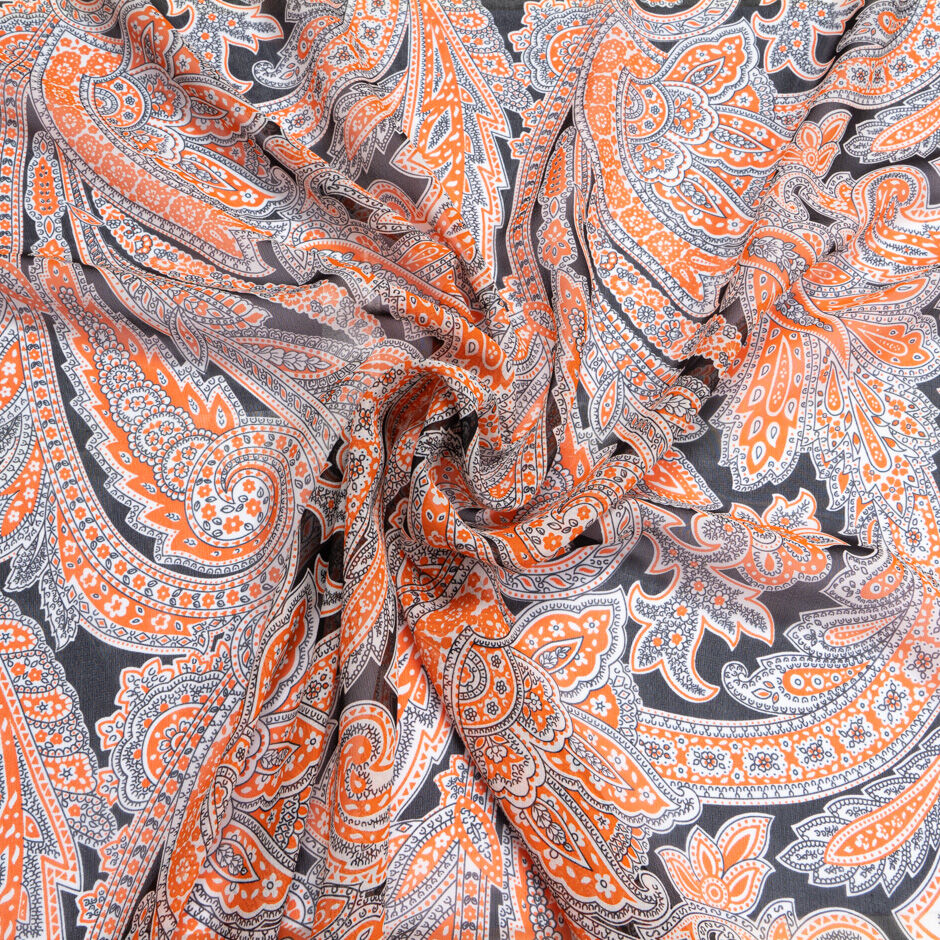 Orange & Black Paisley Printed Silk Georgette