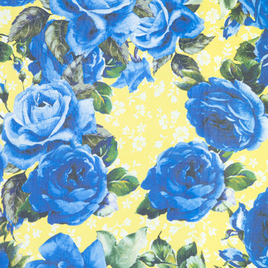Royal Blue Floral Printed Yellow Silk Georgette