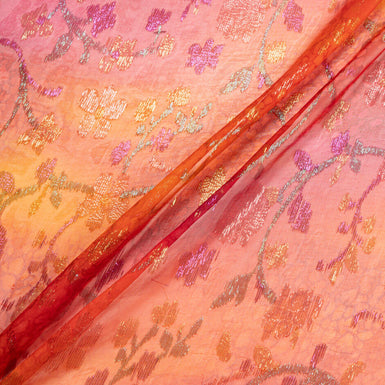 Red, Pink & Orange Ombré Floral Metallic Silk Chiffon