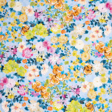 Multi Floral Printed Soft Blue Cotton Voile Jacquard