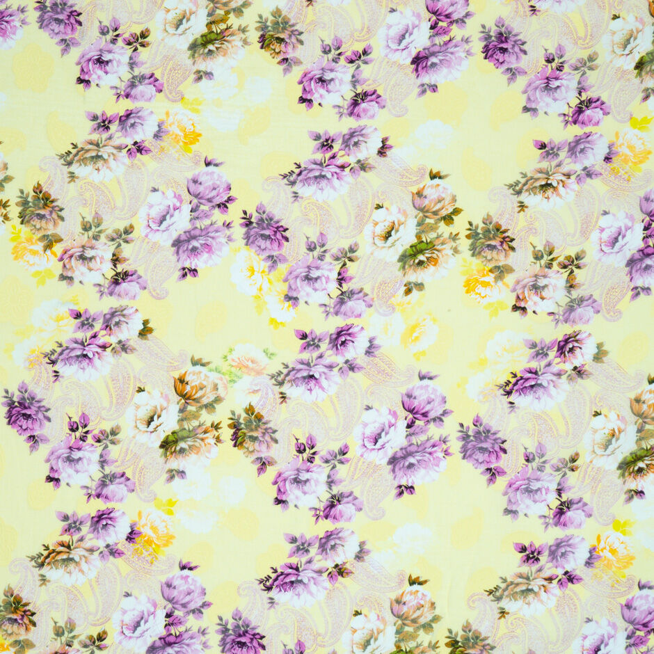 Purple Floral Yellow Cotton Voile Jacquard (A 3.50m Piece)