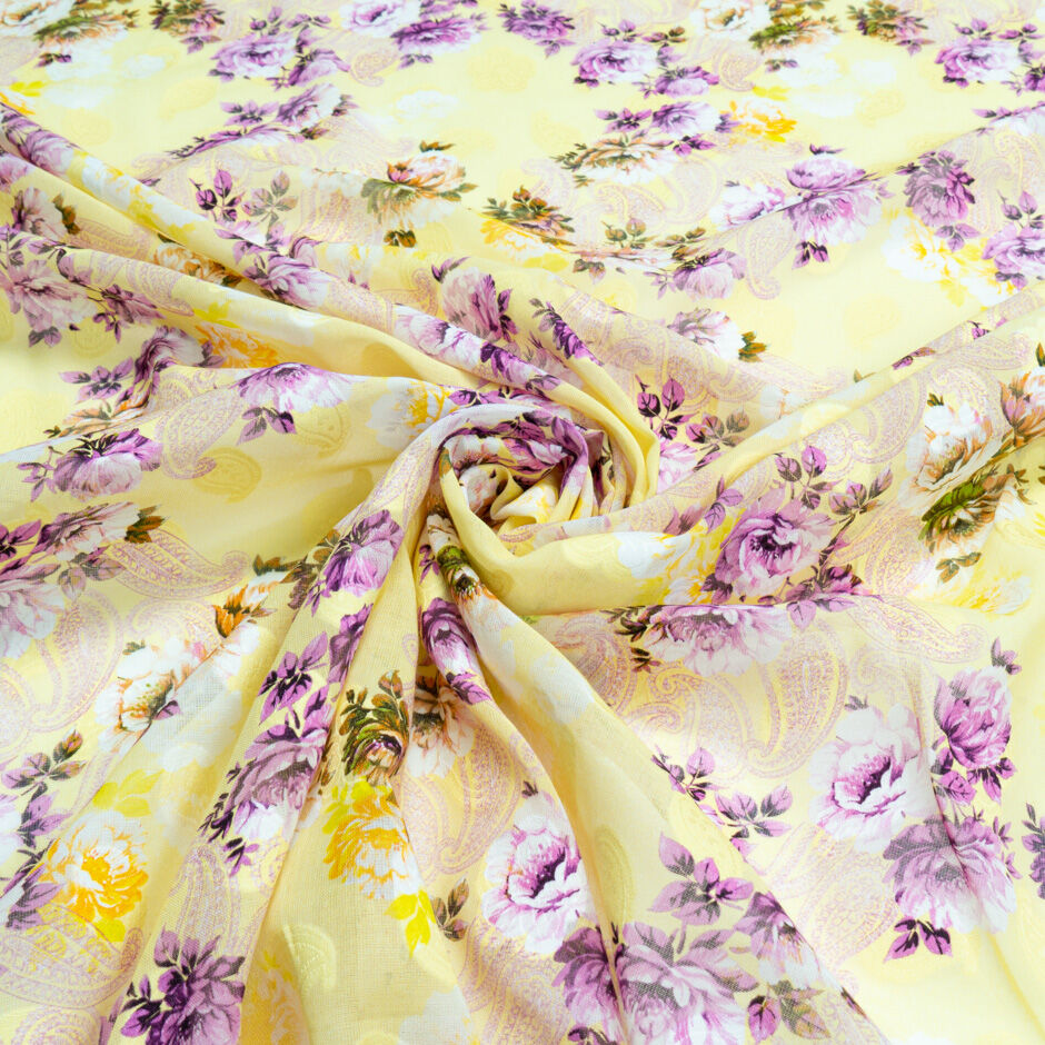 Purple Floral Yellow Cotton Voile Jacquard (A 3.50m Piece)