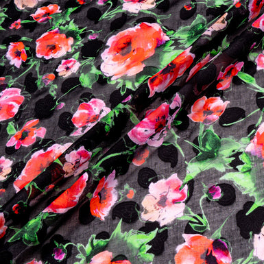 Red & Pink Poppy Printed Black Cotton Voile Jacquard