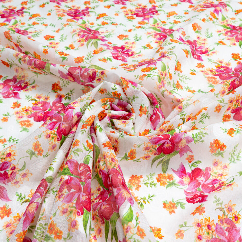 Fuchsia & Orange Floral Printed Cotton Voile Jacquard (A 3m Piece)
