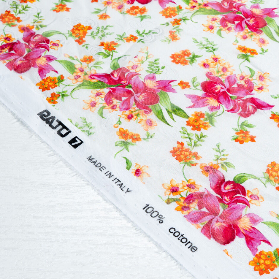 Fuchsia & Orange Floral Printed Cotton Voile Jacquard (A 3m Piece)