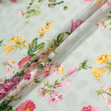 Pink Floral Printed Pale Grey Cotton Voile Jacquard
