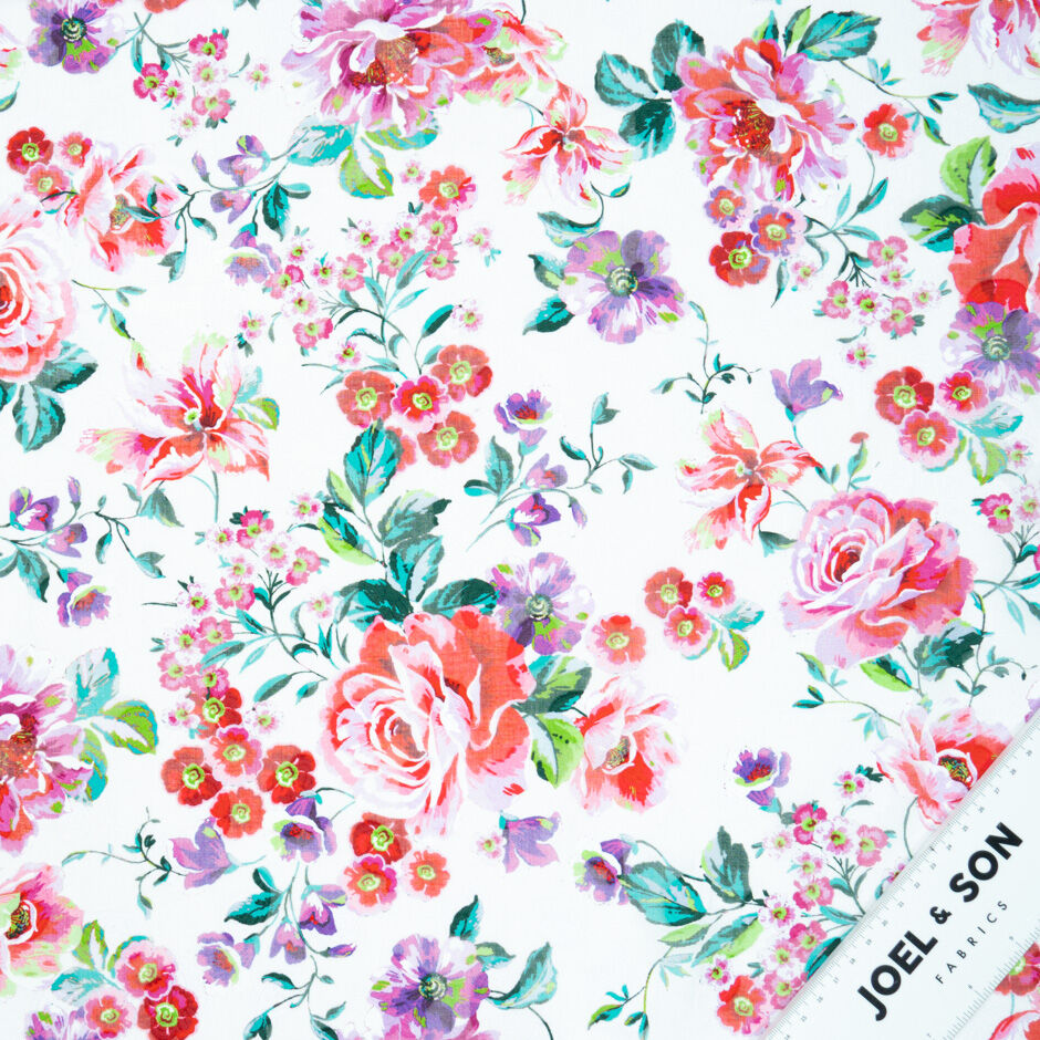 Purple & Red Floral Printed White Cotton Voile Jacquard