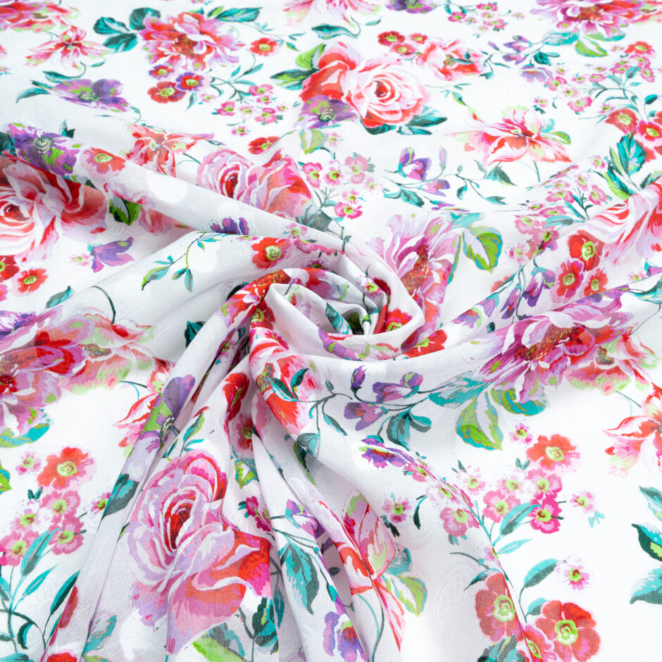 Purple & Red Floral Printed White Cotton Voile Jacquard