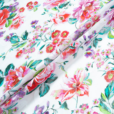 Purple & Red Floral Printed White Cotton Voile Jacquard