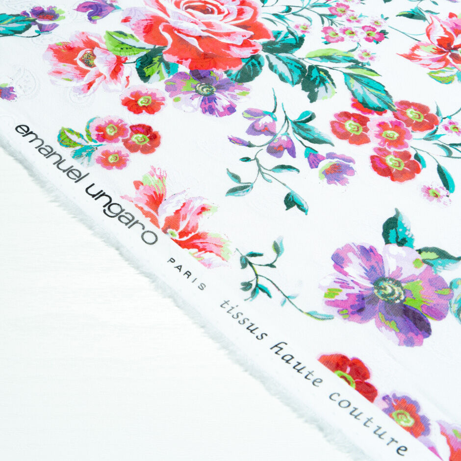 Purple & Red Floral Printed White Cotton Voile Jacquard