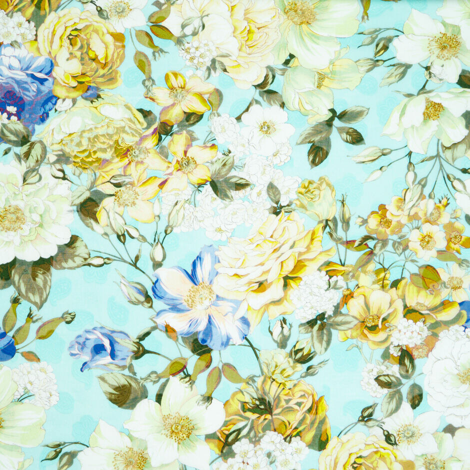 Blue & Yellow Floral Printed Cotton Voile Jacquard (A 3m Piece)