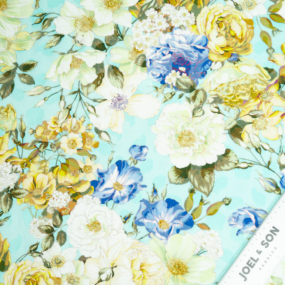 Blue & Yellow Floral Printed Cotton Voile Jacquard (A 3m Piece)