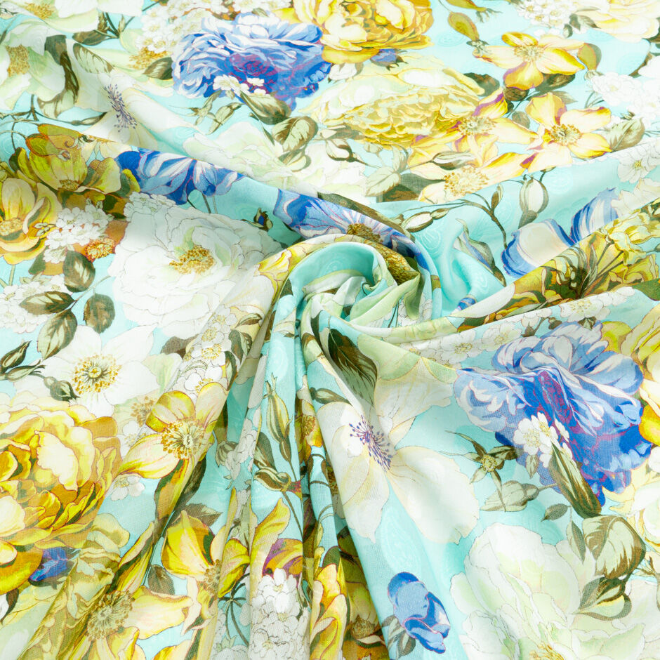 Blue & Yellow Floral Printed Cotton Voile Jacquard (A 3m Piece)