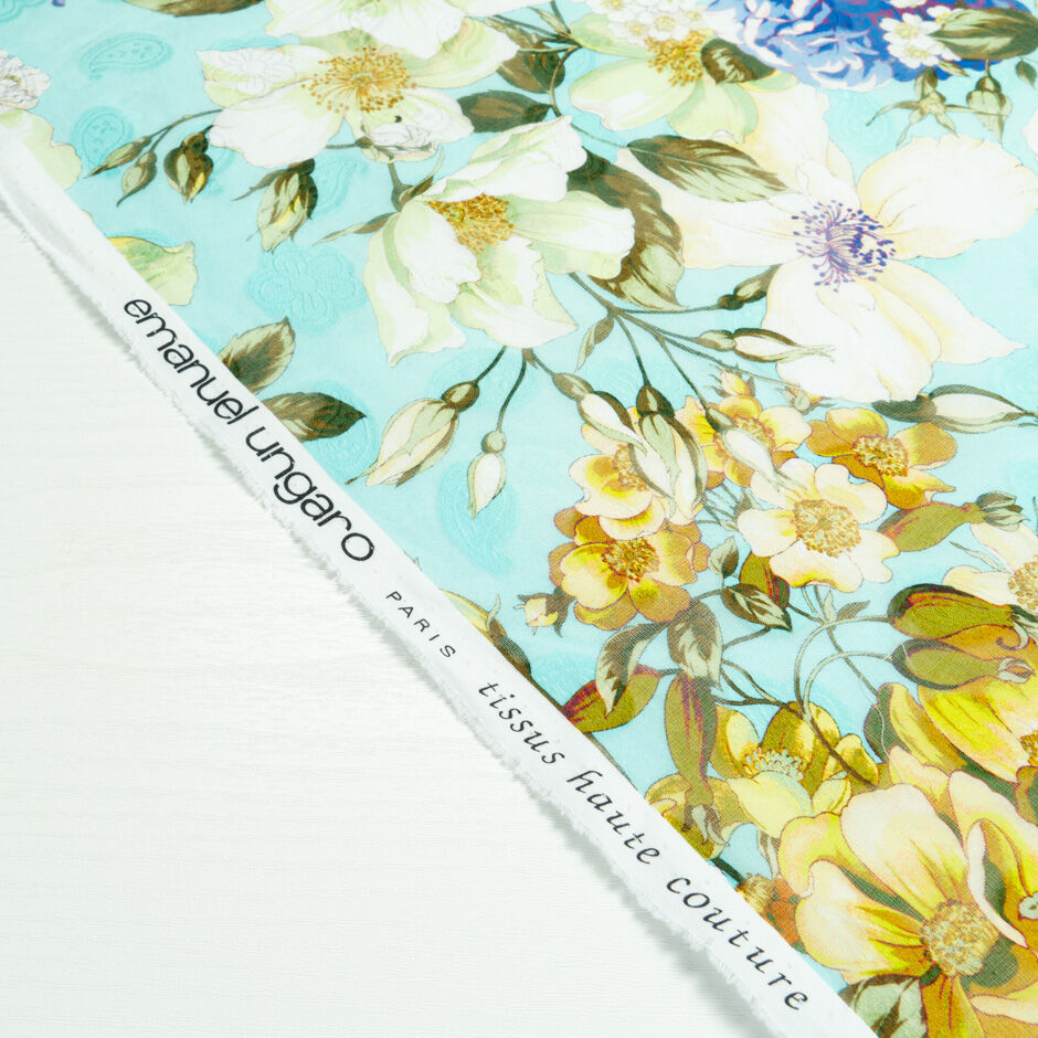 Blue & Yellow Floral Printed Cotton Voile Jacquard (A 3m Piece)