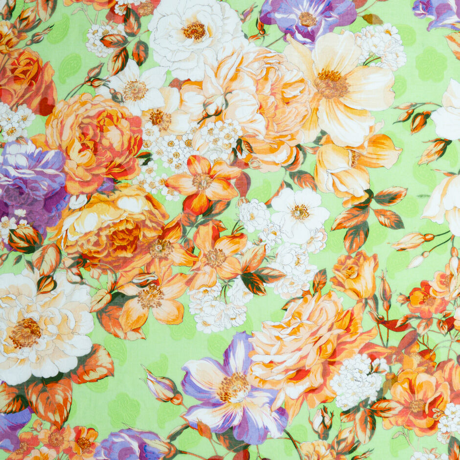 Purple & Orange Floral Printed Green Cotton Voile Jacquard
