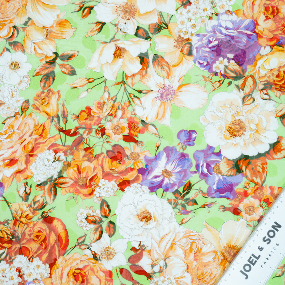 Purple & Orange Floral Printed Green Cotton Voile Jacquard