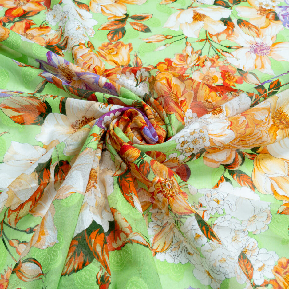 Purple & Orange Floral Printed Green Cotton Voile Jacquard