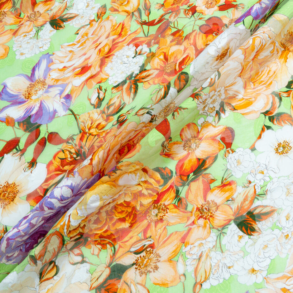 Purple & Orange Floral Printed Green Cotton Voile Jacquard