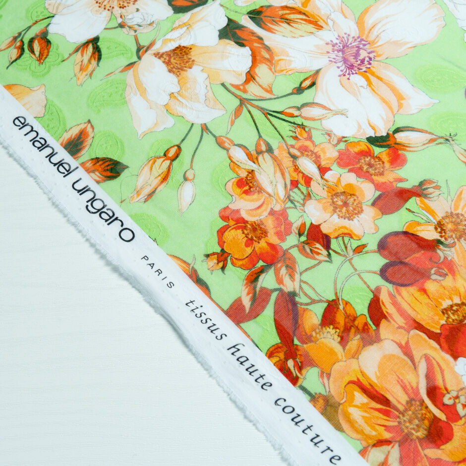 Purple & Orange Floral Printed Green Cotton Voile Jacquard