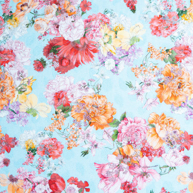 Multi-Coloured Floral Printed Sky Blue Cotton Voile Jacquard