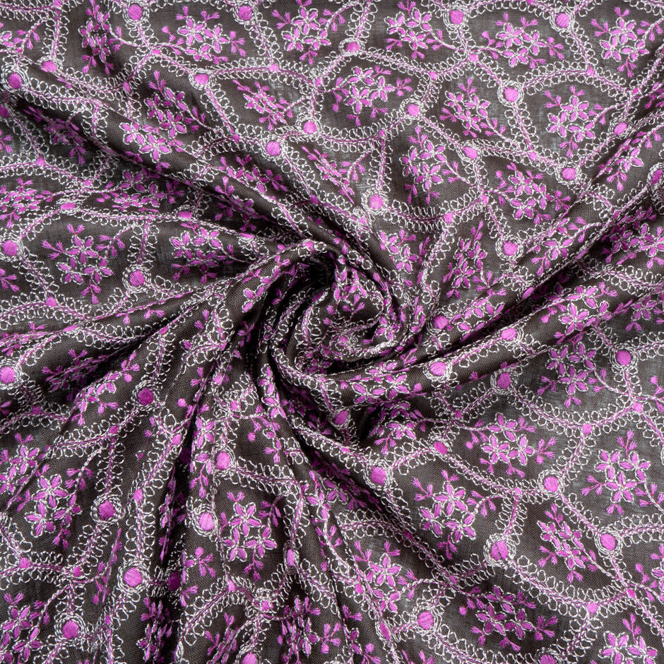 Magenta Pink Floral Embroidered Dark Brown Linen