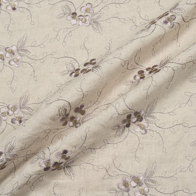 Dark Oatmeal Lilac Floral Embroidered Linen