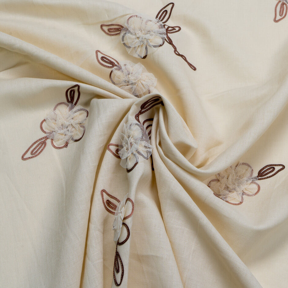 Tulle Floral Embroidered Soft Beige Pure Linen