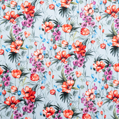 Soft Red Floral Printed Dusty Blue Luxury Cotton