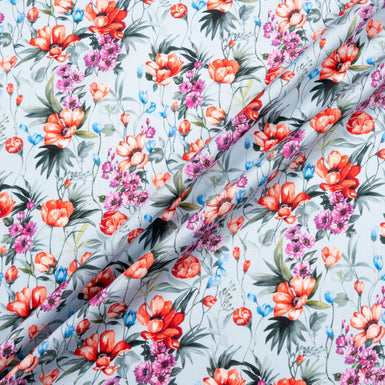 Soft Red Floral Printed Dusty Blue Luxury Cotton