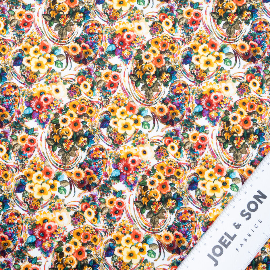 Busy Floral Printed White Luxury Cotton