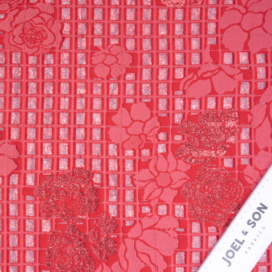 Cherry Red Square & Floral Metallic Cloqué