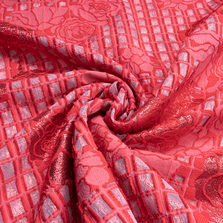 Cherry Red Square & Floral Metallic Cloqué