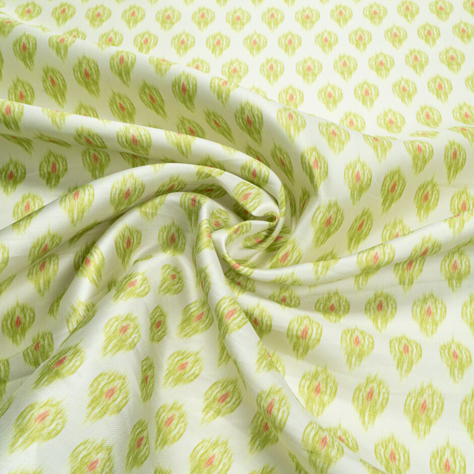 Green Ikat Printed Cream Silk Mikado