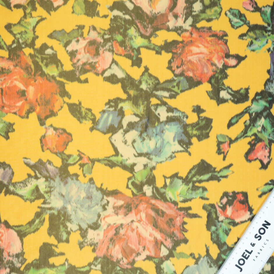 Rose Printed Saffron Yellow Silk Taffeta