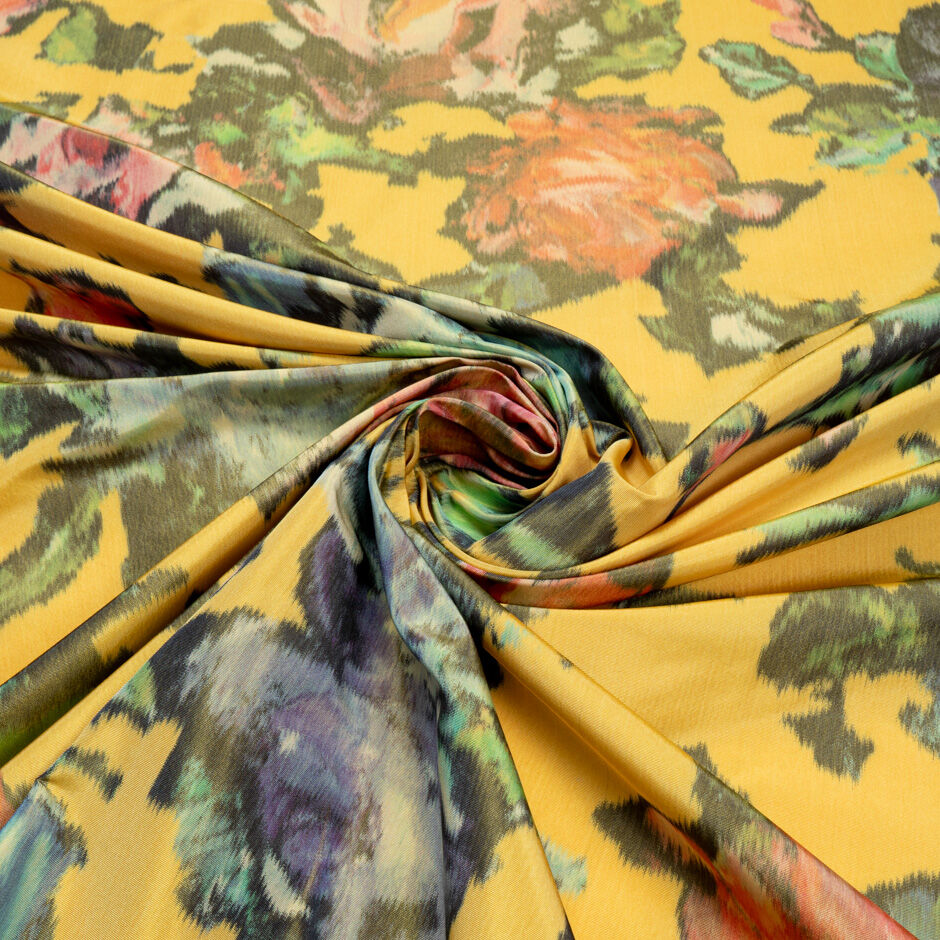Rose Printed Saffron Yellow Silk Taffeta