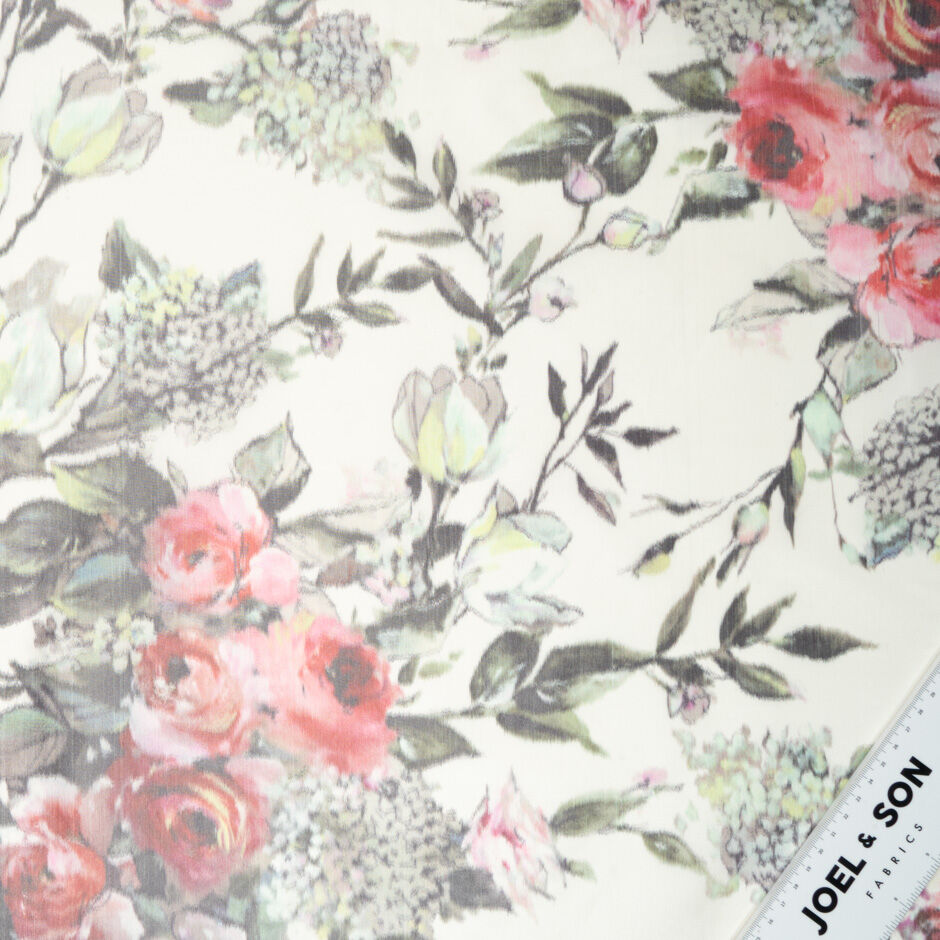 Red Rose Floral Printed Ivory Silk Taffeta