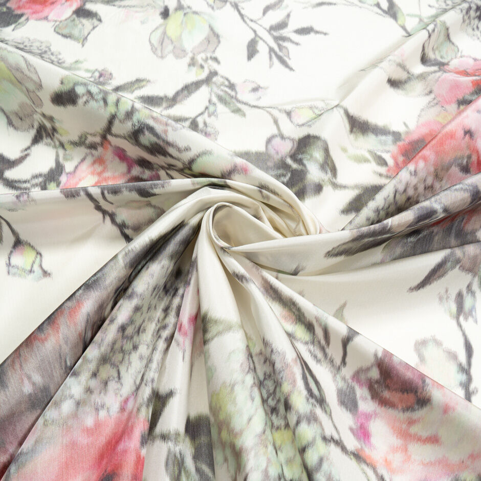 Red Rose Floral Printed Ivory Silk Taffeta