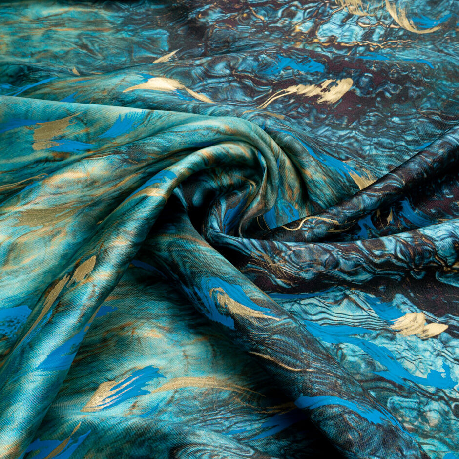 Blue & Gold Hand Painted Silk Mikado