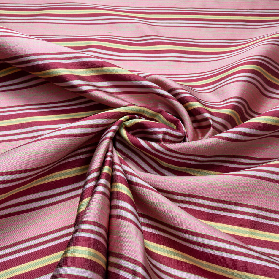 Candy Pink, Cherry & Yellow Striped Silk Shantung