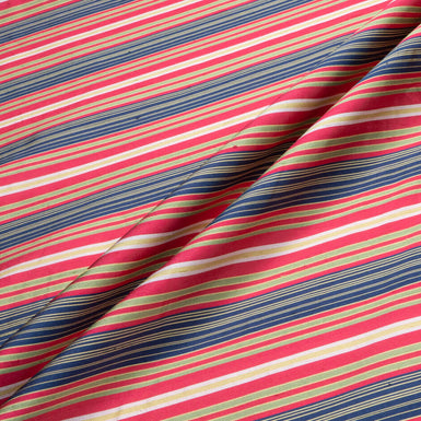 Cherry Red, Blue & Green Striped Silk Shantung